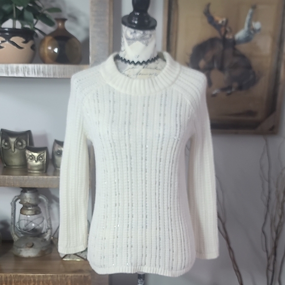 Banana Republic Sweaters - Banana Republic Cream Ribbed Crewneck Sweater with Subtle Sequins
